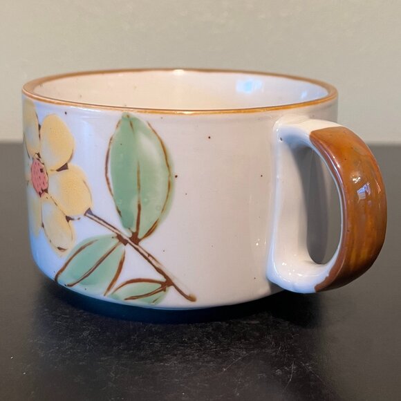 Vintage OTAGIRI Yellow Floral Stoneware Soup Mug Bowl ~ Gray w/ Brown Speckles - Picture 3 of 10